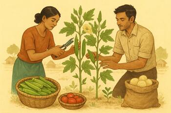 Hands-on okra pruning workshop at village plot