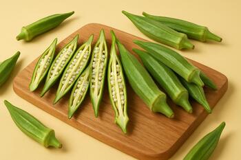 Okra sliced lengthwise on board
