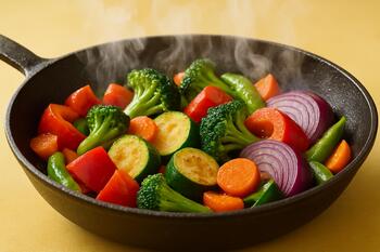 Wide iron pan, gentle sizzle of garlic