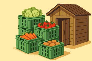 Reusable produce crate stacked by the shed