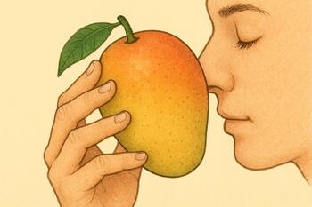 Smelling a mango near the stem