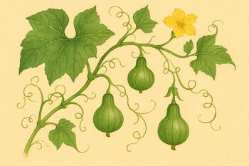 Young gourd vine climbing a simple trellis