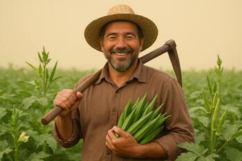 Farmer smiling in field of okra after light rain