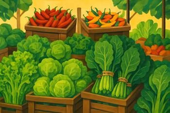 Local market aisle with leafy greens and chilies