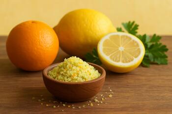 Small bowl with citrus salt on a wooden table
