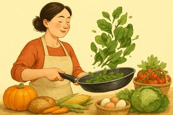 Home cook tossing greens in a wide pan