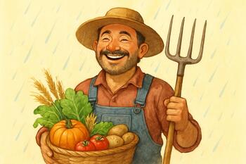 Farmer smiling under light monsoon rain
