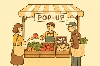 Town pop-up counter; first customers of the day