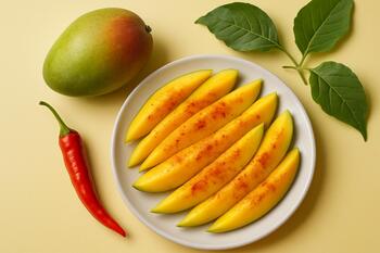 Mango slices with green chili flecks