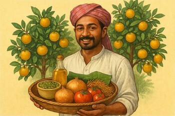 Salim from Konkan with citrus trees behind him