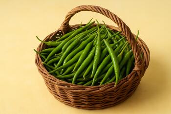 Basket of slim green chilies from Karnataka, morning harvest
