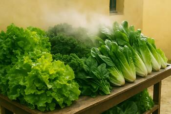 Leafy greens misted in a village stall