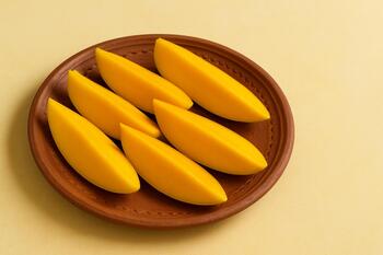 Alphonso mango slices on a clay plate