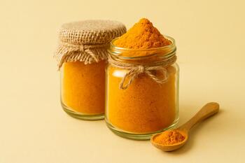Jar of ground turmeric with wooden spoon