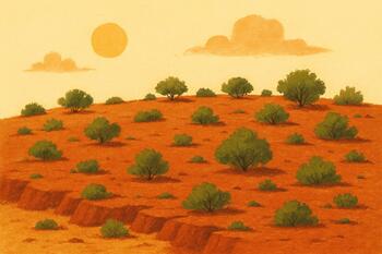 Rust-red laterite plateau with scattered shrubs