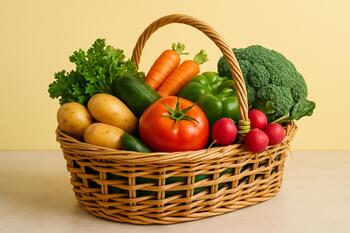 Produce in a vented cane basket on counter