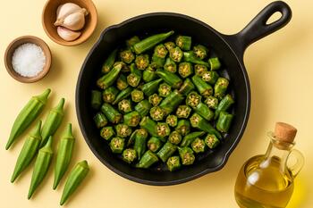 Okra sauté in iron pan