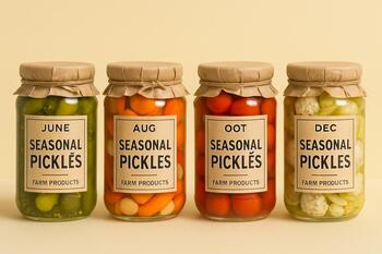 Jars of seasonal pickles labeled by date